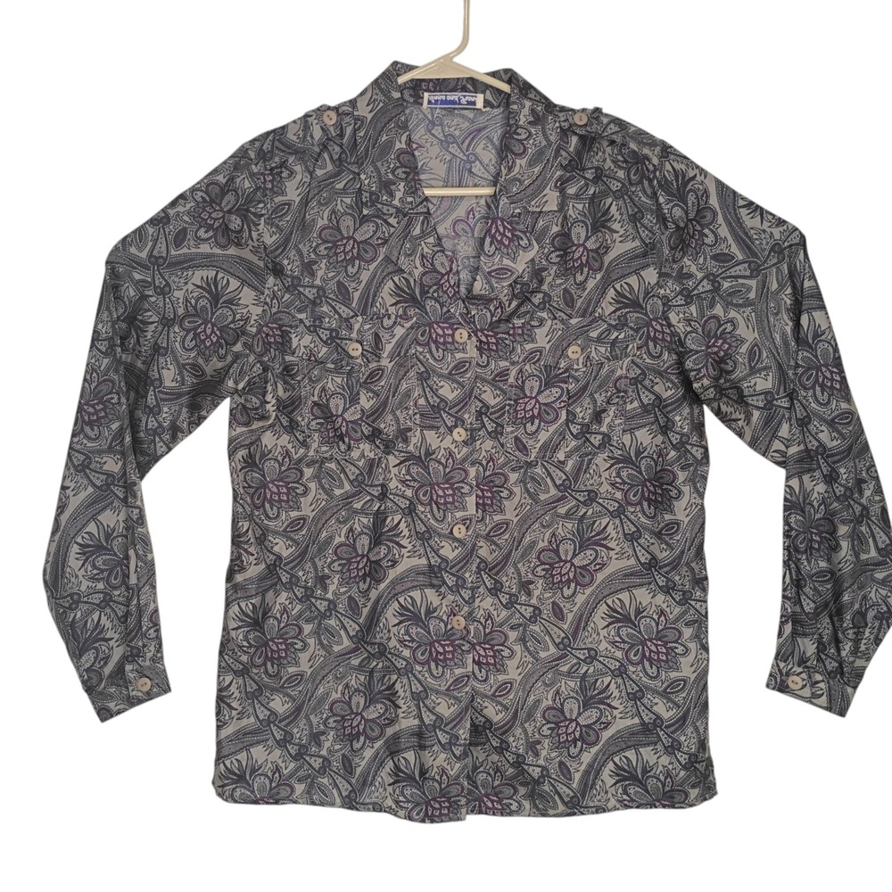 VTG‎ Anna and Frank Blouse Womens Large Gray Floral Paisley Epaulettes Silk LS